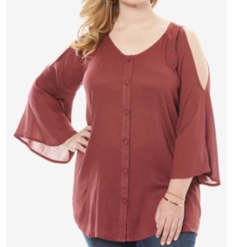 NWT 18W cold shoulder crinkle top Nell sleeve rust color